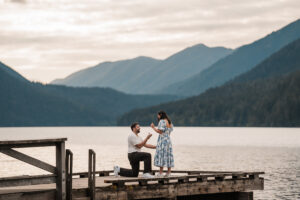 a surprise proposal on the dock at Lake Crescent Lodge in Olympic National Park