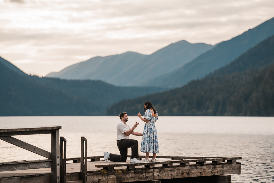 a surprise proposal on the dock at Lake Crescent Lodge in Olympic National Park
